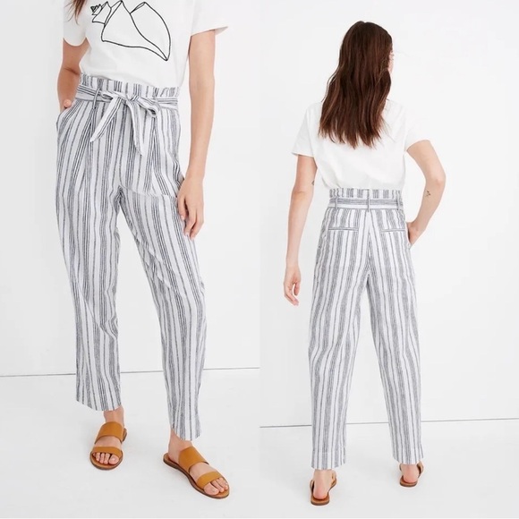 Madewell Pants - Madewell Linen-Cotton Paperbag Pants White Dark Baltic Stripe